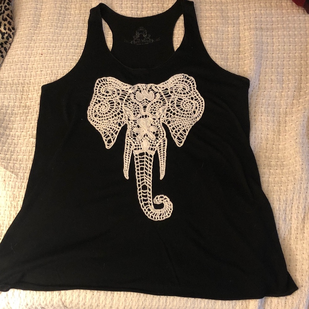 Bear Dance Black Racerback Tank with White Elephant Lace Graphic